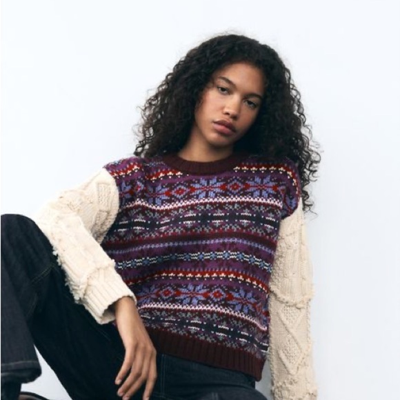 Zara Fair Isle knit pullover sweater with contrasting knit jacquard sleeves M - Picture 3 of 15
